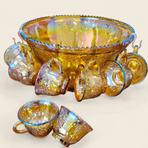 Mid Century Carnival Glass Punchbowl & Cups