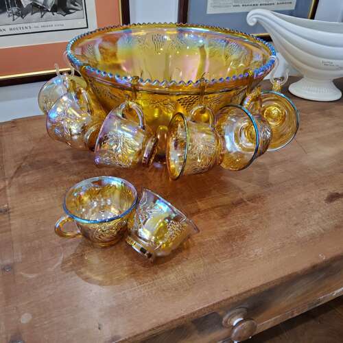 Mid Century Carnival Glass Punchbowl & Cups