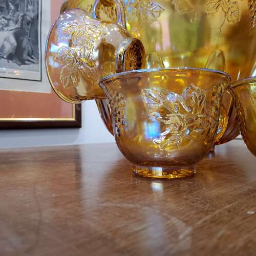 Mid Century Carnival Glass Punchbowl & Cups
