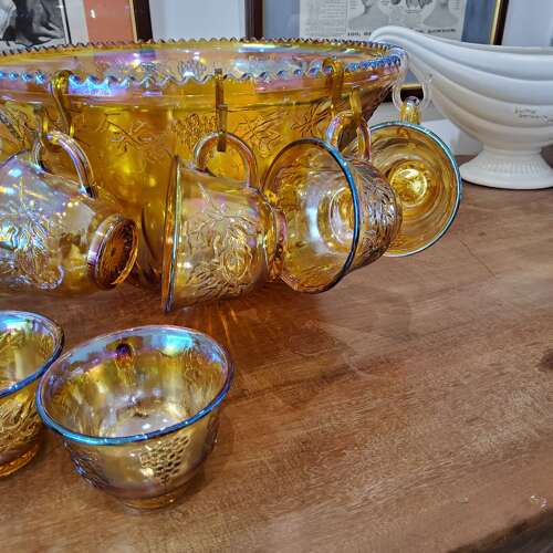 Mid Century Carnival Glass Punchbowl & Cups